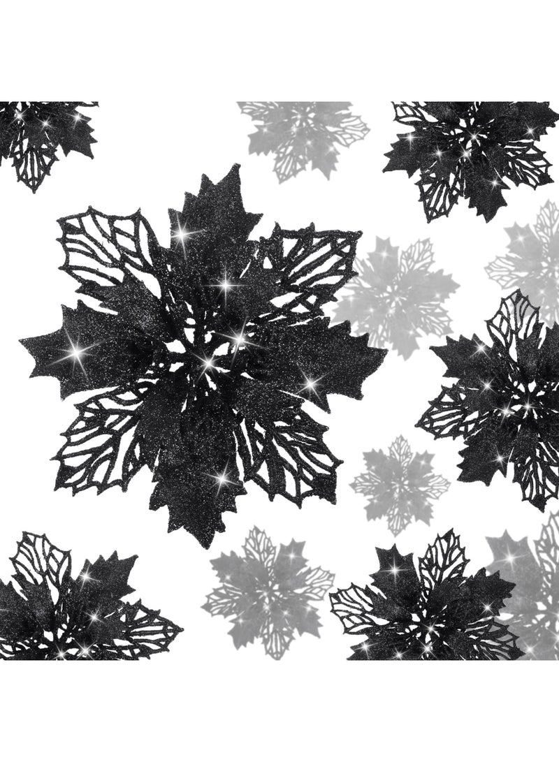 SYOSI Christmas Glitter Poinsettia Flowers 10 Pieces Glitter Christmas Tree Ornaments Artificial Poinsettia Flowers for Wedding Christmas Wreath Tree Decoration (Black) - Image 1